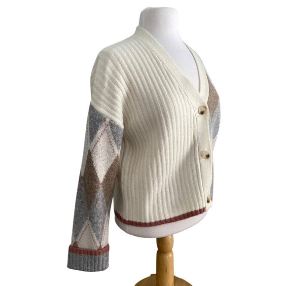 Vintage style Womens Argyle oversized crop Cardigan Sweater V-Neck Button-Up XS - Picture 3 of 16